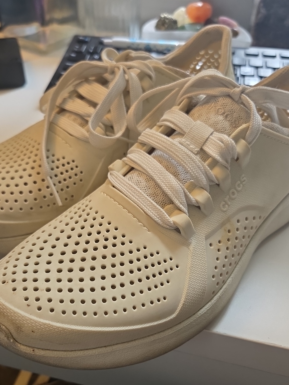 CROCS Women’s Lace-Up Perforated Sneakers in Beige Cream